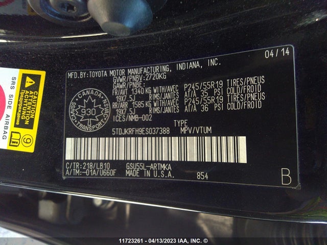 Toyota Highlander Xle 2014 5TDJKRFH9ES037388 Image 10