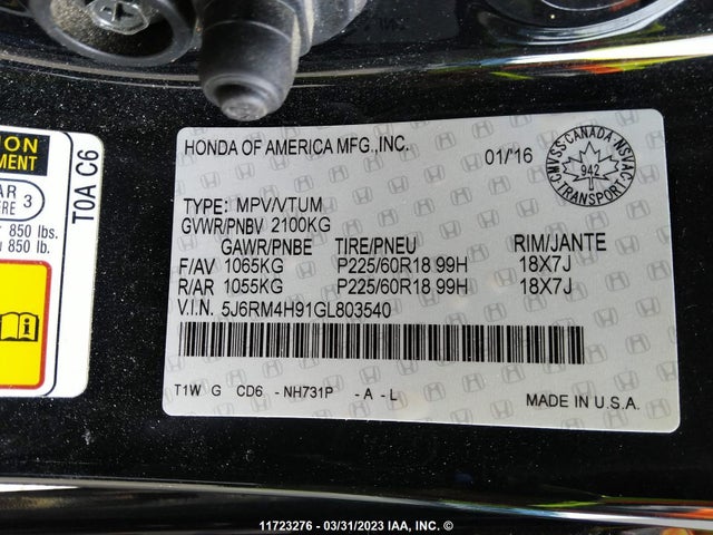 Honda Cr-v Touring 2016 5J6RM4H91GL803540 Image 9