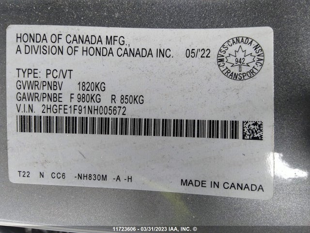 Honda CIVIC 2022 2HGFE1F91NH005672 Image 11