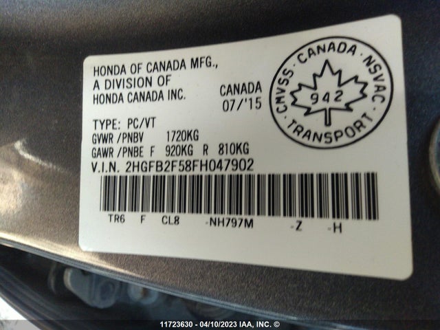 Honda CIVIC 2015 2HGFB2F58FH047902 Image 10
