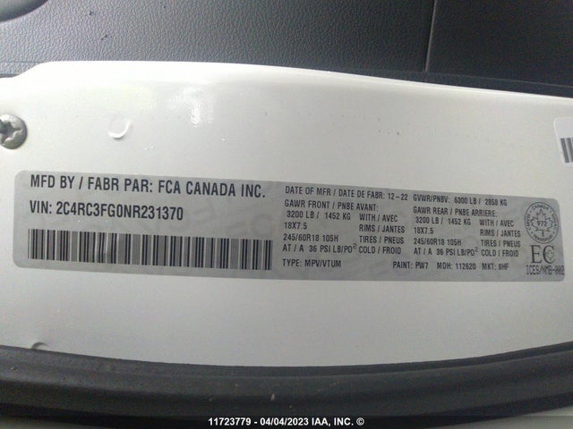 2C4RC3FG0NR231370 Chrysler Pacifica Touring