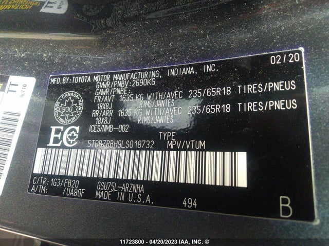 Toyota Highlander L/le 2020 5TDBZRBH9LS018732 Image 10