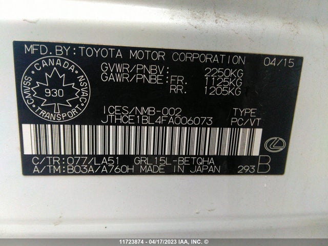 Lexus GS 350 2015 JTHCE1BL4FA006073 Image 10