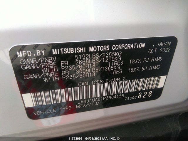 JA4J4UA81PZ604158 Mitsubishi Outlander Se/se Black Edition/se Te