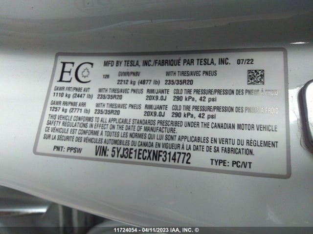 Tesla MODEL 3 2022 5YJ3E1ECXNF314772 Image 10