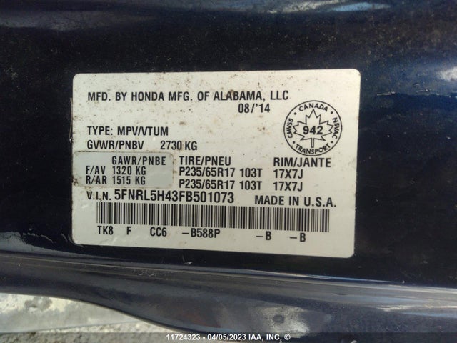 Honda ODYSSEY EX 2015 5FNRL5H43FB501073 Image 9