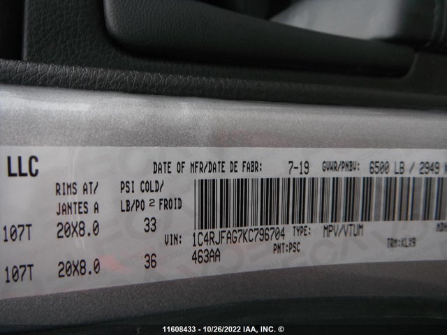 1C4RJFAG7KC796704 Jeep Grand Cherokee Laredo