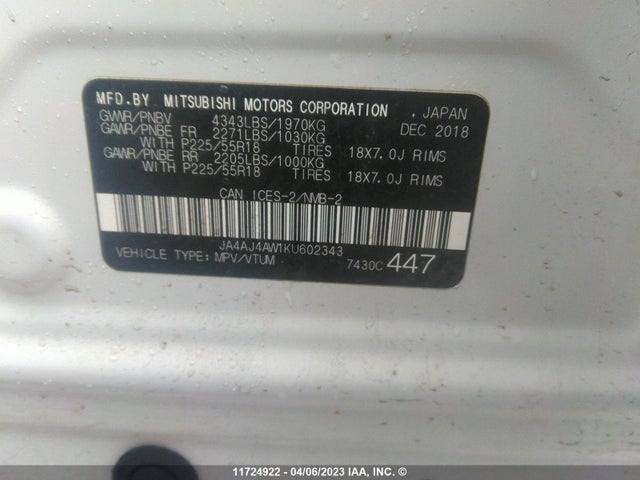 JA4AJ4AW1KU602343 Mitsubishi Rvr Se Ltd/gt
