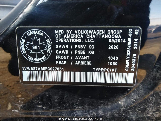 1VWBS7A35FC027851 Volkswagen PASSAT SE