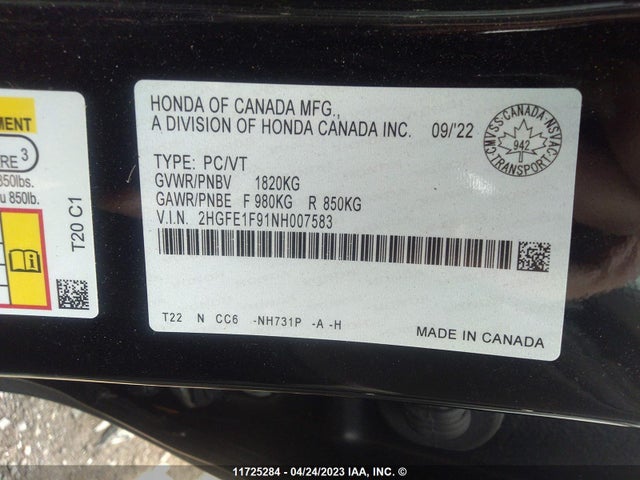 Honda CIVIC 2022 2HGFE1F91NH007583 Image 9