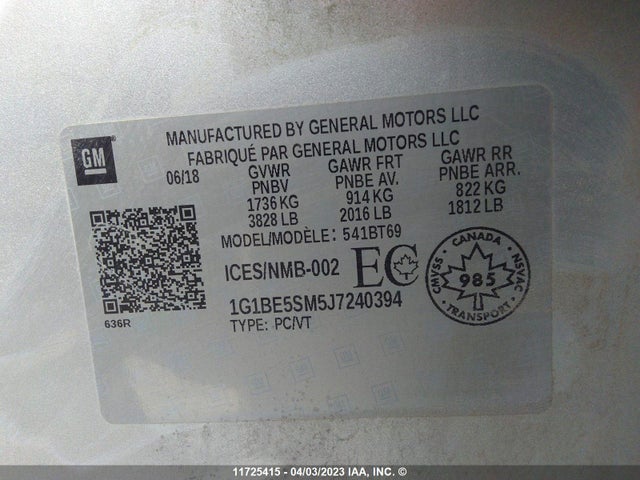 Chevrolet CRUZE LT 2018 1G1BE5SM5J7240394 Image 10