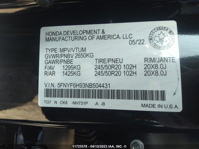 Honda Pilot Touring 2022 5FNYF6H93NB504431 Image 11