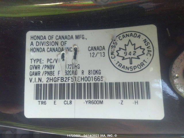 Honda Civic Lx 2014 2HGFB2F51EH001665 Image 10