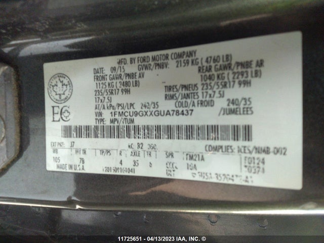 Ford ESCAPE SE 2016 1FMCU9GXXGUA78437 Image 10