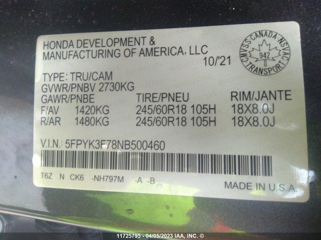 Honda Ridgeline Rtl 2022 5FPYK3F78NB500460 Image 11