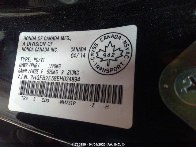 Honda Civic Lx 2014 2HGFB2E58EH024894 Image 10