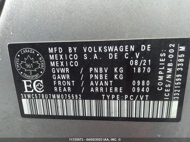 3VWC57BU7MM075592 Volkswagen Jetta S/se/r-line