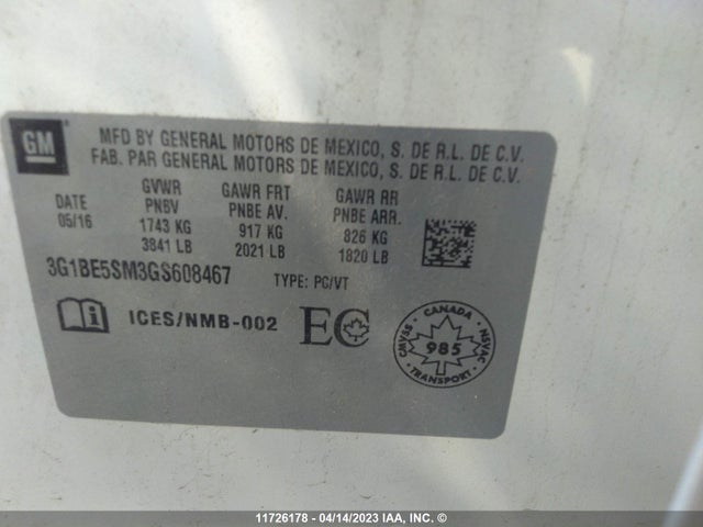 Chevrolet CRUZE LT 2016 3G1BE5SM3GS608467 Image 9