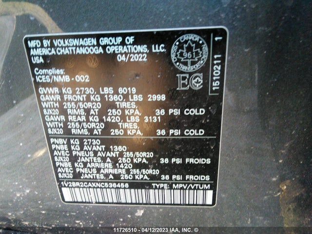 1V2BR2CAXNC536456 Volkswagen ATLAS SEL
