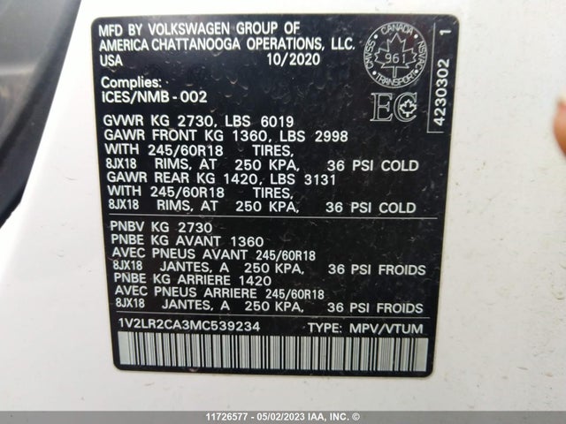 1V2LR2CA3MC539234 Volkswagen Atlas Comfortline
