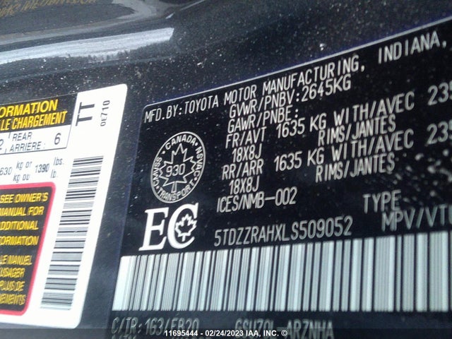 Toyota Highlander L/le 2020 5TDZZRAHXLS509052 Image 11