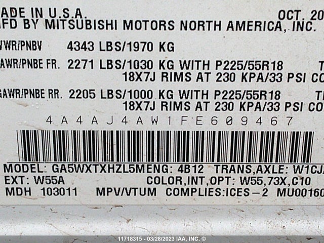 4A4AJ4AW1FE609467 Mitsubishi Rvr Gt