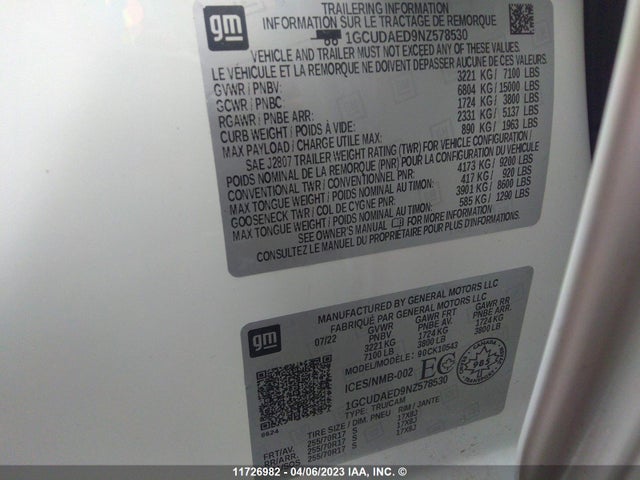 Chevrolet Silverado K1500 2022 1GCUDAED9NZ578530 Image 9