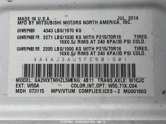 4A4AJ3AU5FE601901 Mitsubishi RVR SE