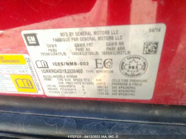 Chevrolet Traverse Lt 2014 1GNKRGKD1EJ338460 Image 9