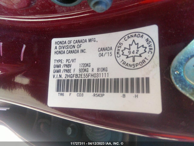 Honda Civic Lx 2015 2HGFB2E55FH031111 Image 9