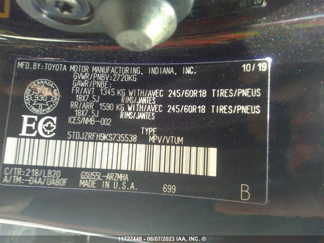 Toyota Highlander Se/xle 2019 5TDJZRFH9KS735538 Image 10