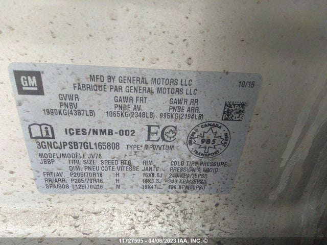 Chevrolet TRAX 1LT 2016 3GNCJPSB7GL165808 Image 11