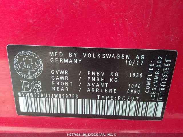 WVWWF7AU1JW099753 Volkswagen Golf R