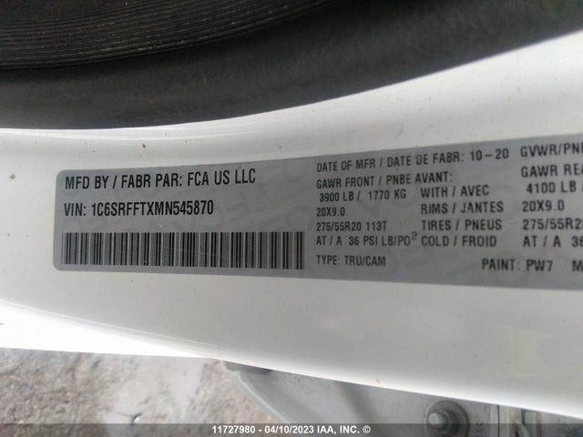 Aukcja sprzedaży 2021 Ram 1500 Big Horn/lone Star, vin: 1C6SRFFTXMN545870, numer aukcji: 11727980