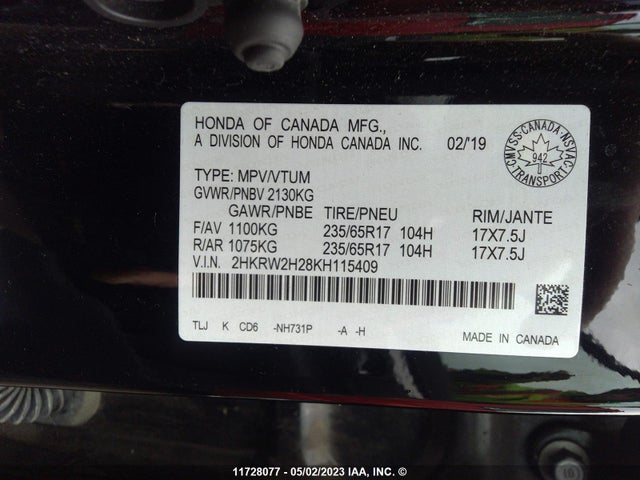 11728077 :رقم المزاد ، 2HKRW2H28KH115409 vin ، 2019 Honda Cr-v Lx مزاد بيع
