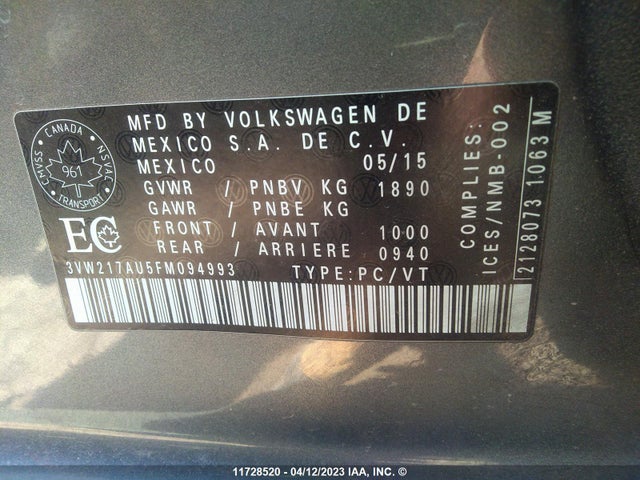 3VW217AU5FM094993 Volkswagen GOLF