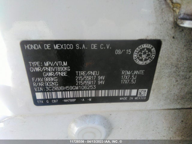 Honda HR-V EX 2016 3CZRU6H59GM106253 Image 9