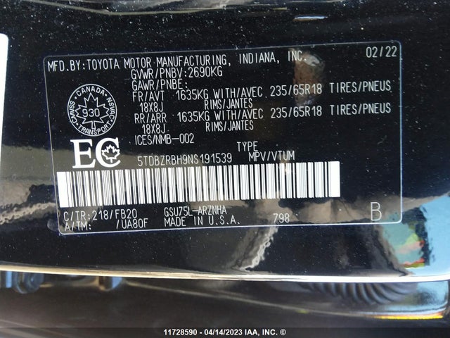 Toyota Highlander L/le 2022 5TDBZRBH9NS191539 Image 9