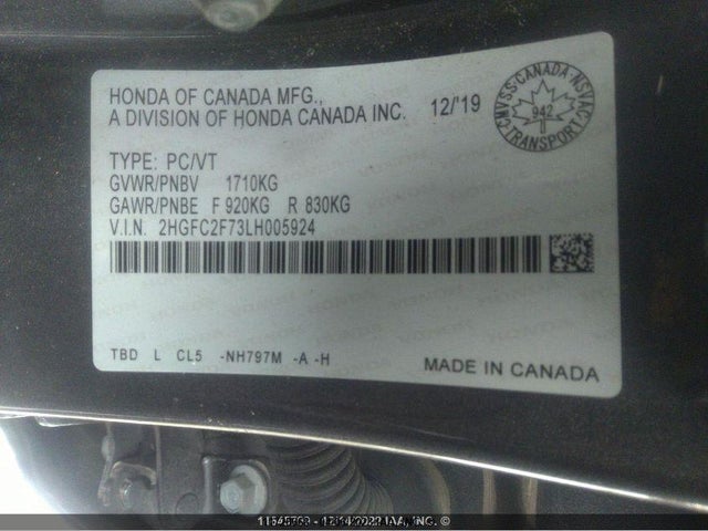 Honda CIVIC EX 2020 2HGFC2F73LH005924 Image 9