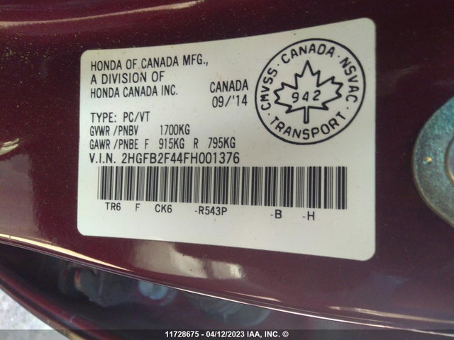 Honda Civic Lx 2015 2HGFB2F44FH001376 Image 9