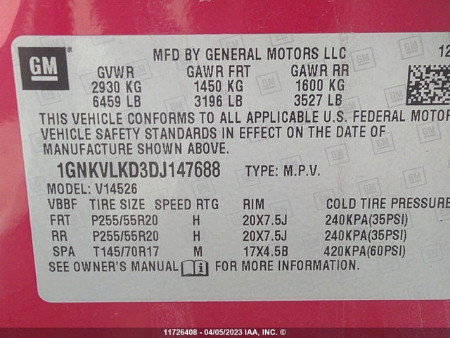 Aukcja sprzedaży 2013 Chevrolet Traverse Ltz, vin: 1GNKVLKD3DJ147688, numer aukcji: 11726408