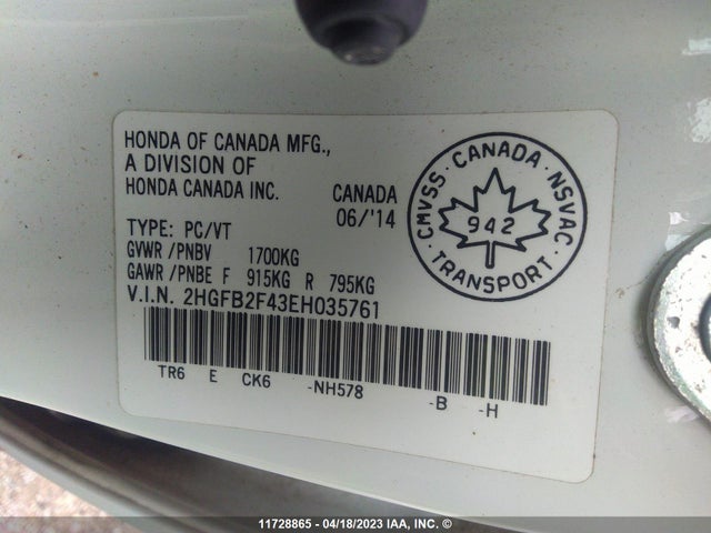 Honda CIVIC 2014 2HGFB2F43EH035761 Image 10