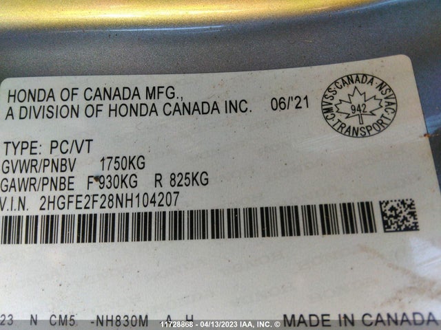 Honda CIVIC 2022 2HGFE2F28NH104207 Image 10