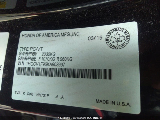 Honda Accord Touring 2019 1HGCV1F96KA803937 Image 10