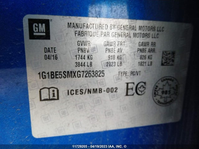 Chevrolet CRUZE LT 2016 1G1BE5SMXG7263825 Image 9