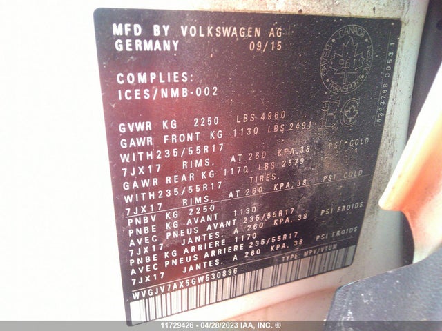 WVGJV7AX5GW530896 Volkswagen TIGUAN