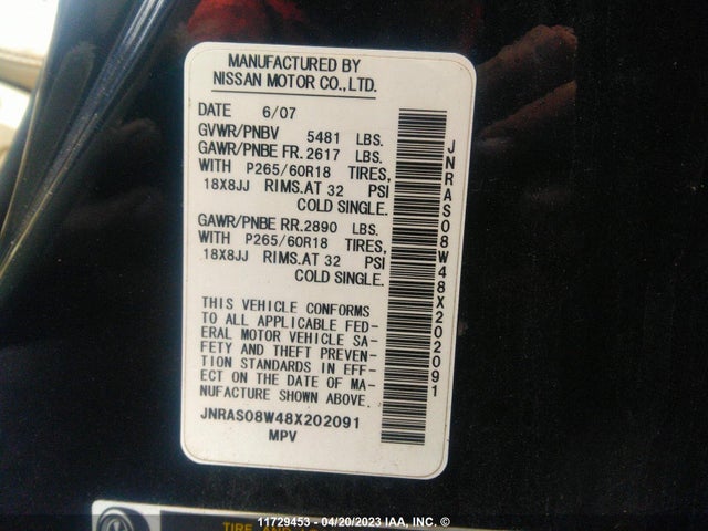Aukcja sprzedaży 2008 Infiniti Fx35, vin: JNRAS08W48X202091, numer aukcji: 11729453