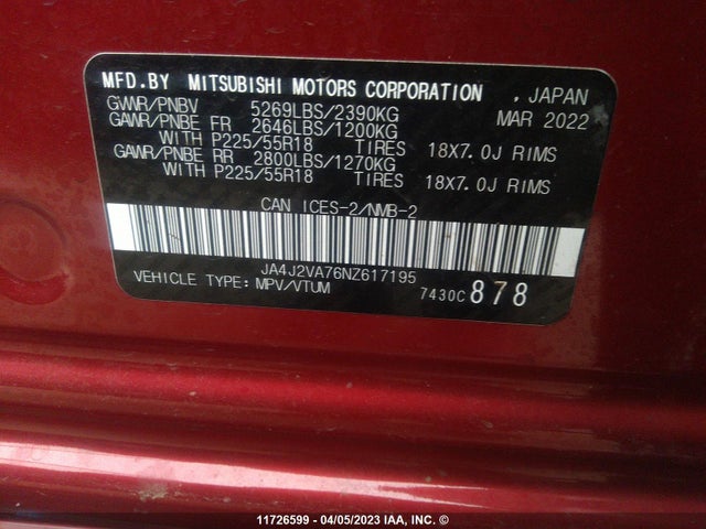 JA4J2VA76NZ617195 Mitsubishi Outlander Sel/le/gt