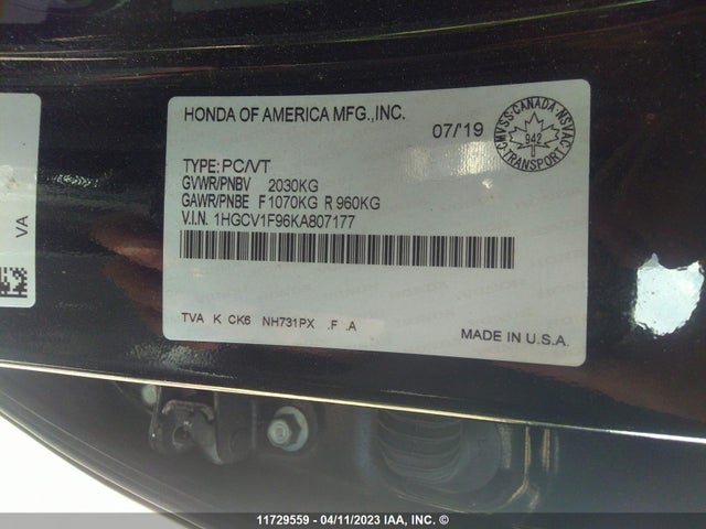 Honda Accord Touring 2019 1HGCV1F96KA807177 Image 10