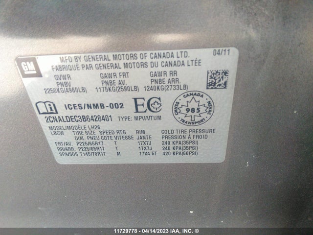 11729778 :رقم المزاد ، 2CNALDEC3B6428401 vin ، 2011 Chevrolet Equinox مزاد بيع